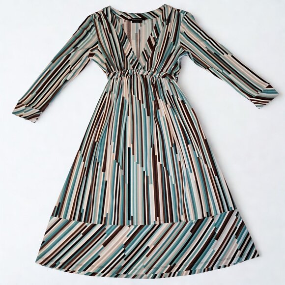 BCBG Max Azria Womens Blue Brown White Striped Dress Size Large - Picture 2 of 7